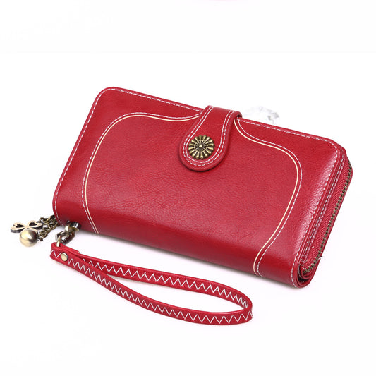 Women's Oil Wax Leather Long Zipper Large Ladies Wallets
