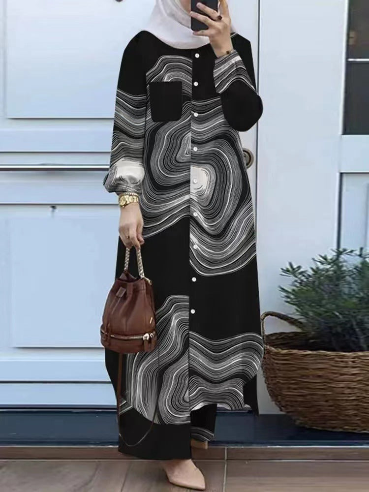 Women's Muslim Temperament Patchwork Long Sleeve Lapel Blouses