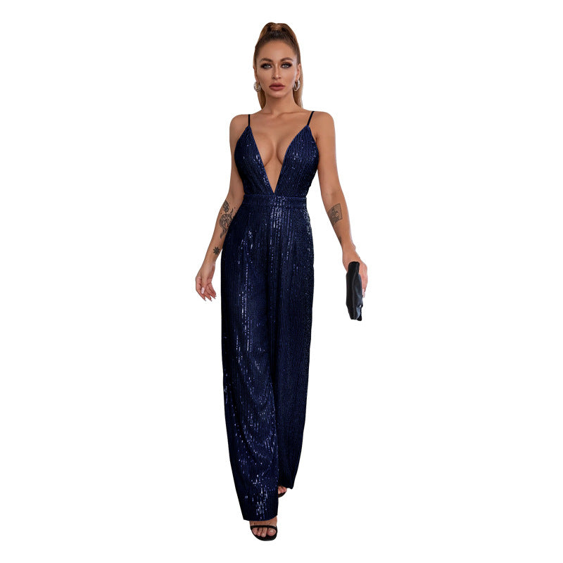 Women's Sequined Sleeveless Hot Deep Backless Sling Jumpsuits