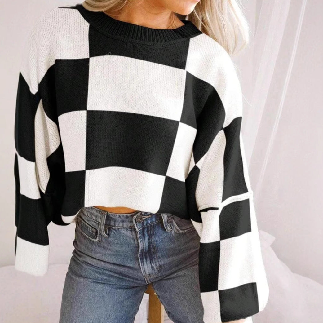 Women's Autumn Clothes Plaid Element Round Neck Knitwear