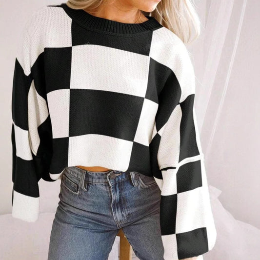 Women's Autumn Clothes Plaid Element Round Neck Knitwear