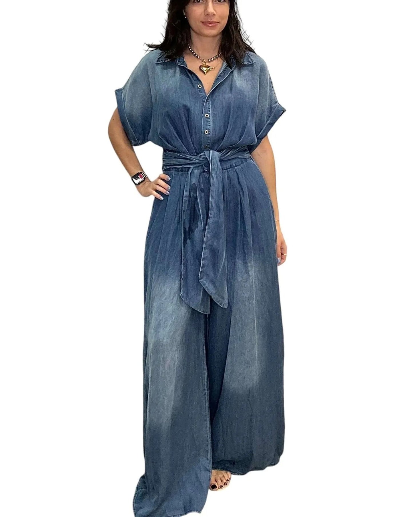 Women's Polo Collar Breasted Sleeve Loose Wide Shorts