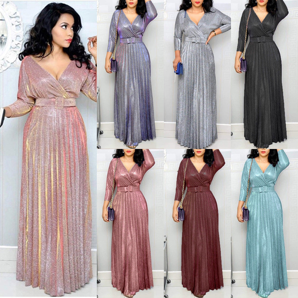 Women's African Wear Fashion Long Sleeve Bronzing Pleated Skirts