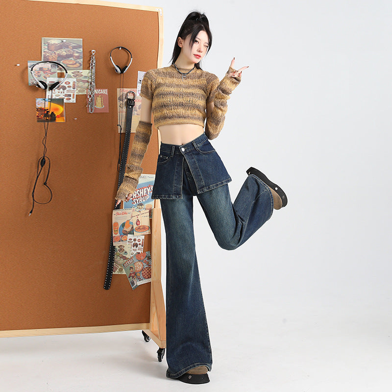 Women's Fake Two-piece Dark Blue Fart Curtain Jeans