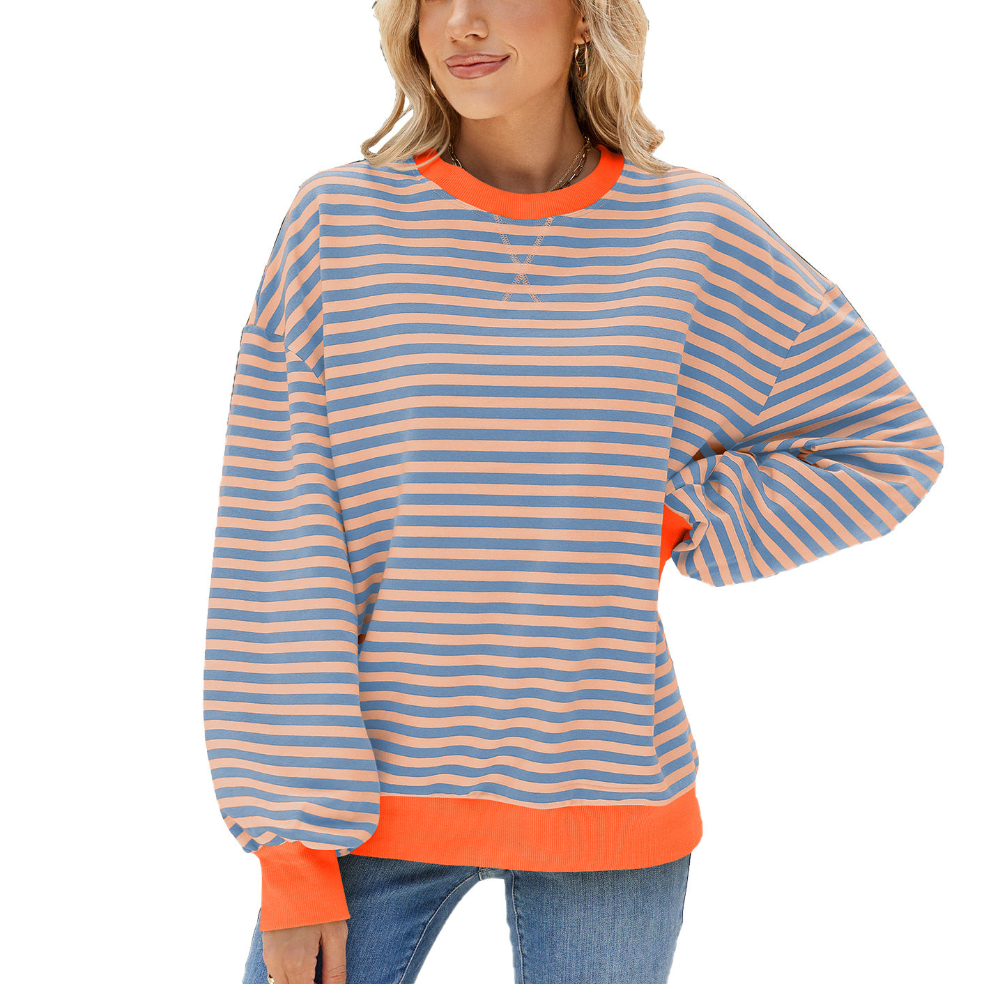 Women's Round Neck Contrast Color Loose Long Sleeve Women's Sweater, Sweater