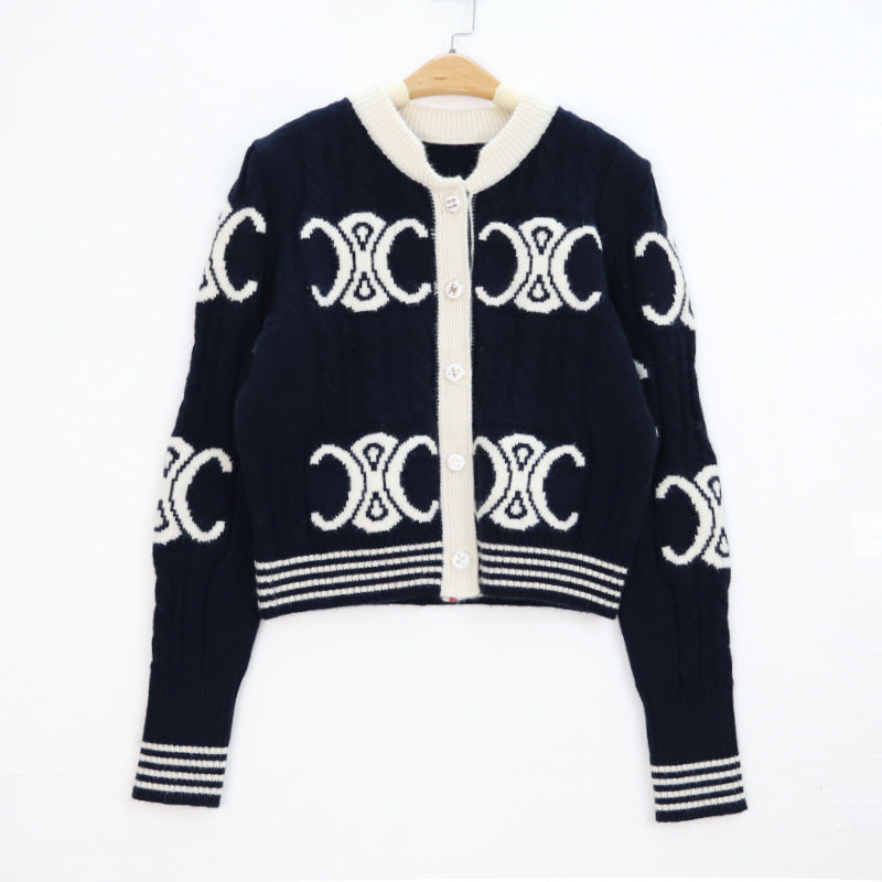 Style Knitted Letter Jacquard Contrast Color Round Neck Long Sweaters