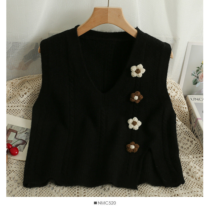 Artistic Retro Split Solid Color Three-dimensional Flower Loose Outer Women's Vest