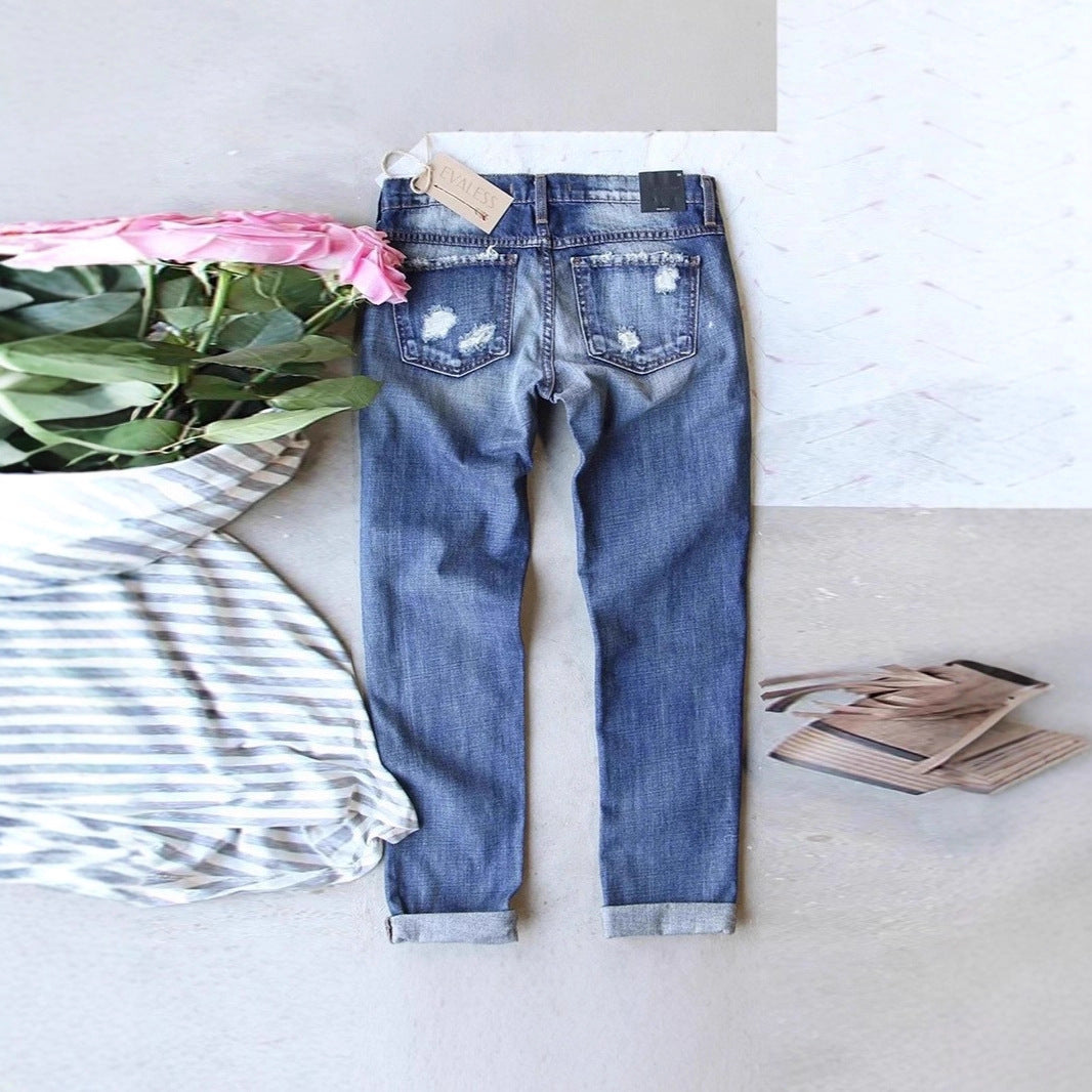 Unique Women's Ripped Print Patch Trousers Jeans