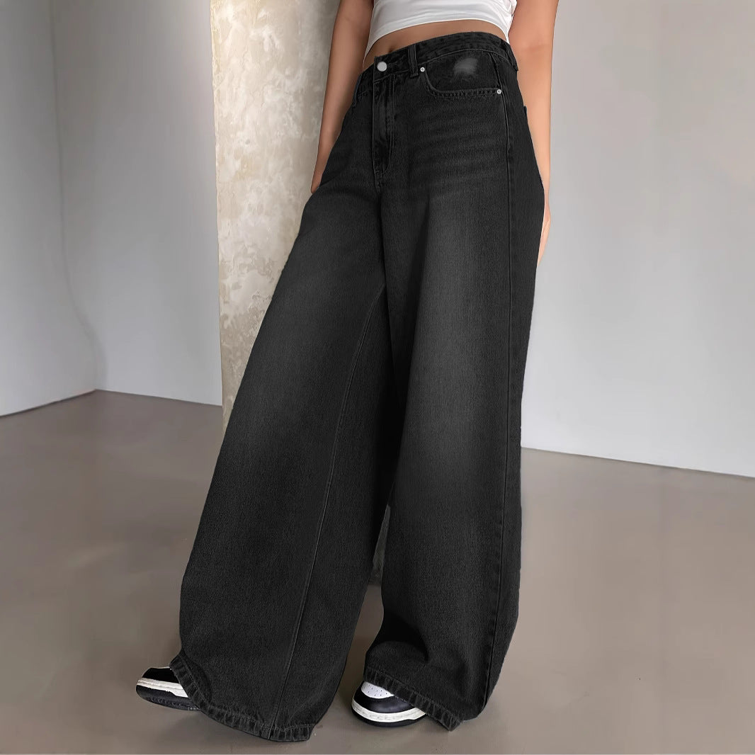 Women's Washed Blue Super Long Mop Loose Hole Women's Jeans