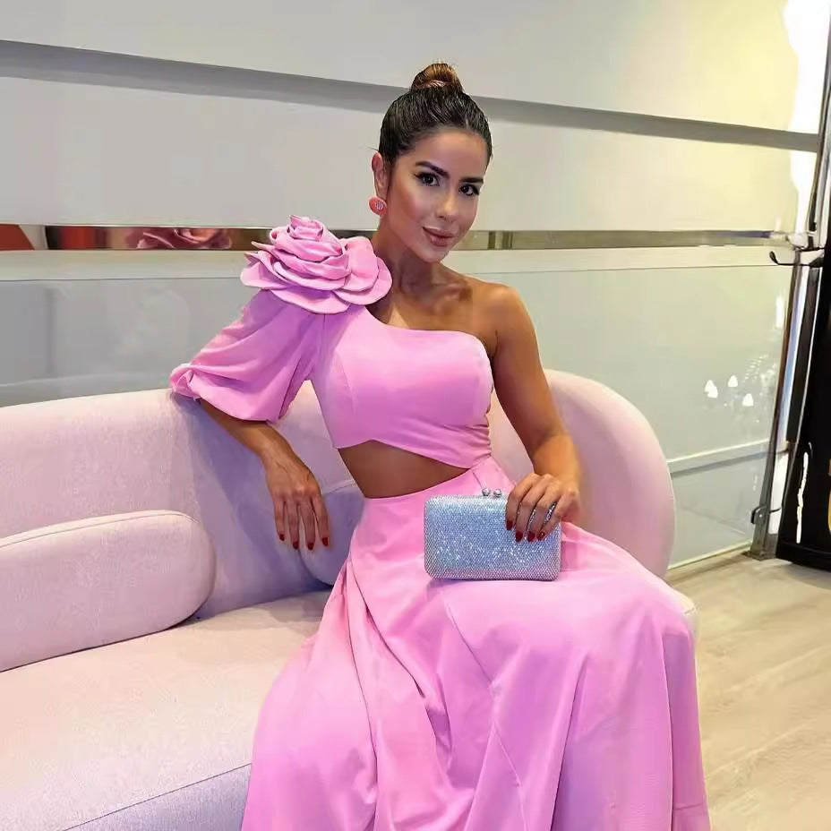 Women's Flower Oblique Shoulder Single Sleeve Midriff Outfit Dresses