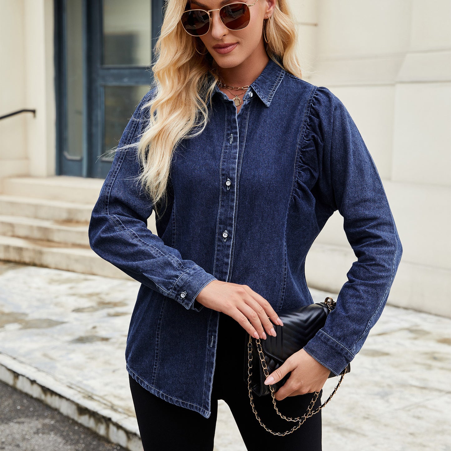 Women's Washed Shrug Denim Long Sleeve Shirt Blouses