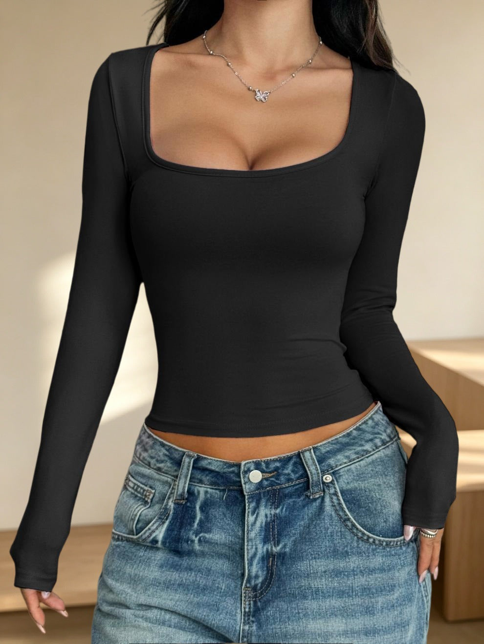 Women's Long-sleeved Autumn Slimming Hot Fashionable Wear Solid Color Women's T-shirt
