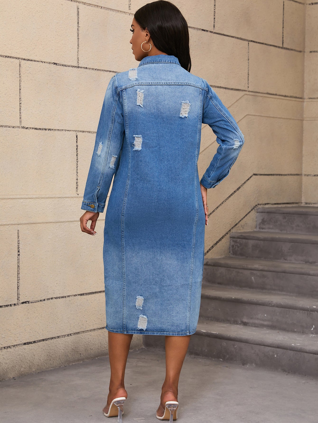 Women's Long Ripped Denim Trench Overcoat Jackets