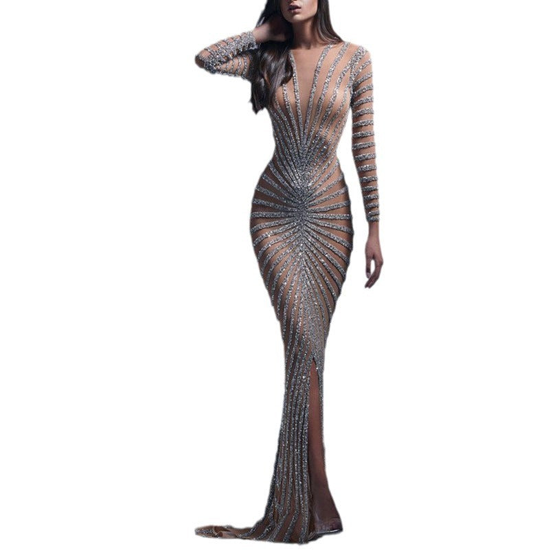 Women's Spring Fashion Rhinestone Mesh Long Sleeve Dresses