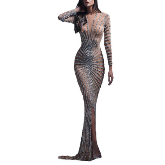 Women's Spring Fashion Rhinestone Mesh Long Sleeve Dresses
