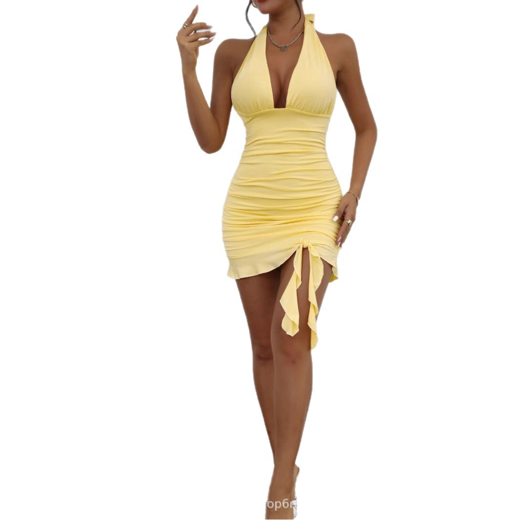 Women's Summer High-grade Halter Hip Sexy Pleated Ruffled Dress
