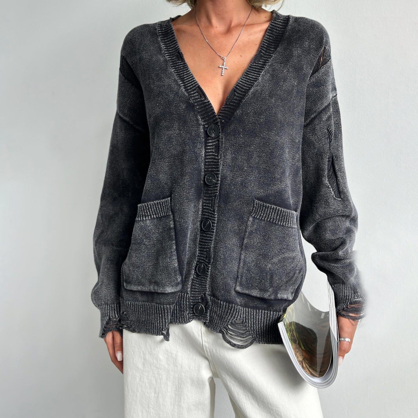 Women's American Knitted With Washed Broken Woolen Sweaters