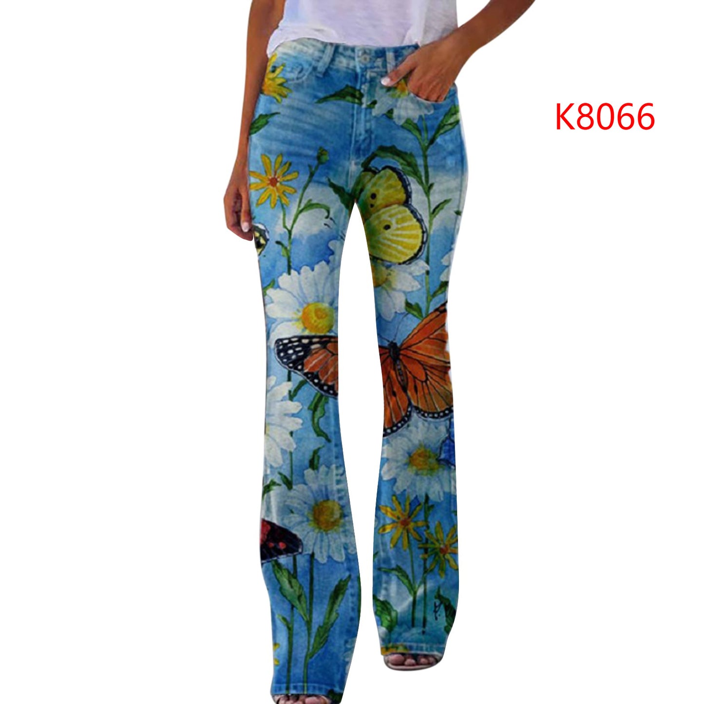 Women's Large Casual Imitation Denim Bell-bottom Floral Women's Jeans