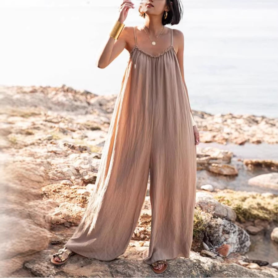 Women's Linen Sling Backless Loose-fitting Vacation Style Women's Jumpsuit/clothing