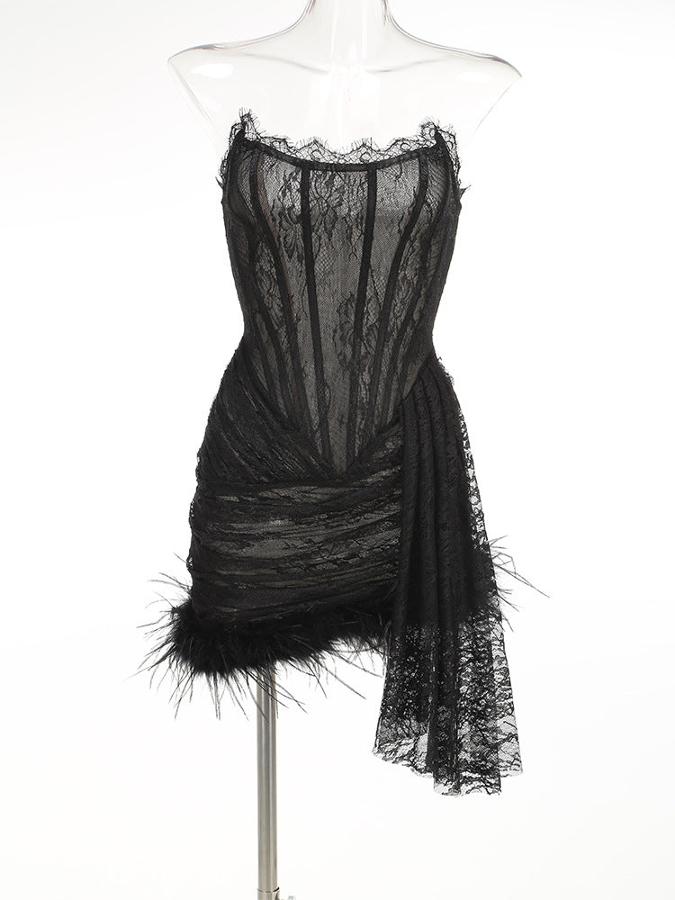 Women's Sexy Lace Stitching Feather Waist Tube Dress Dresses
