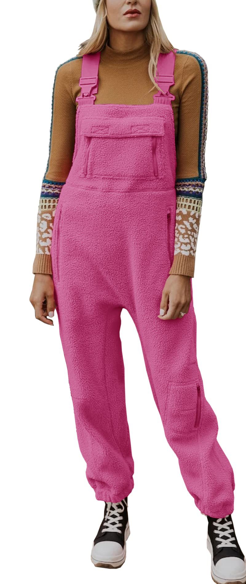 Women's Pocket Solid Color Lamb Wool Adjustable Jumpsuits