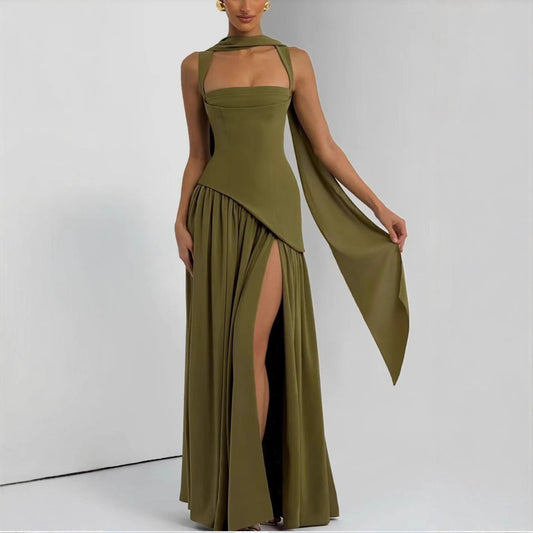 Irregular Slit Contrast Color Sexy Pleated Dresses