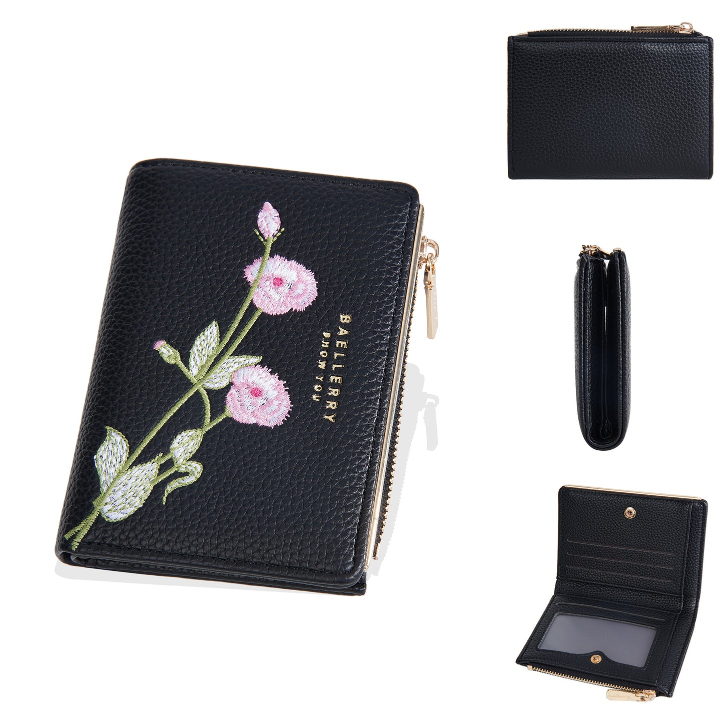 Women's Short Fashion Embroidery Litchi Pattern Flower Ladies Wallets