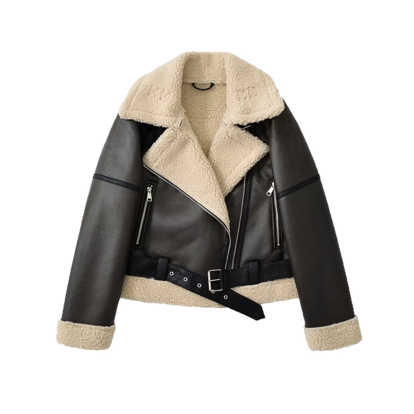 Women's Leather Niche Design Lapel With Veet Coats