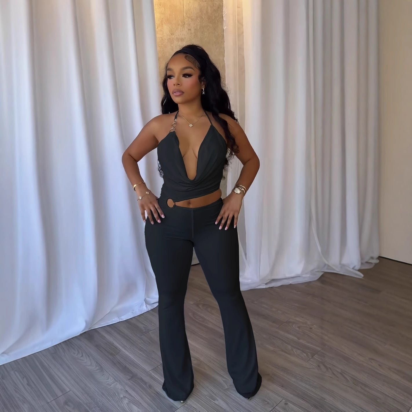 Elegant Sexy Stretch Ring Halter Strap Jeans