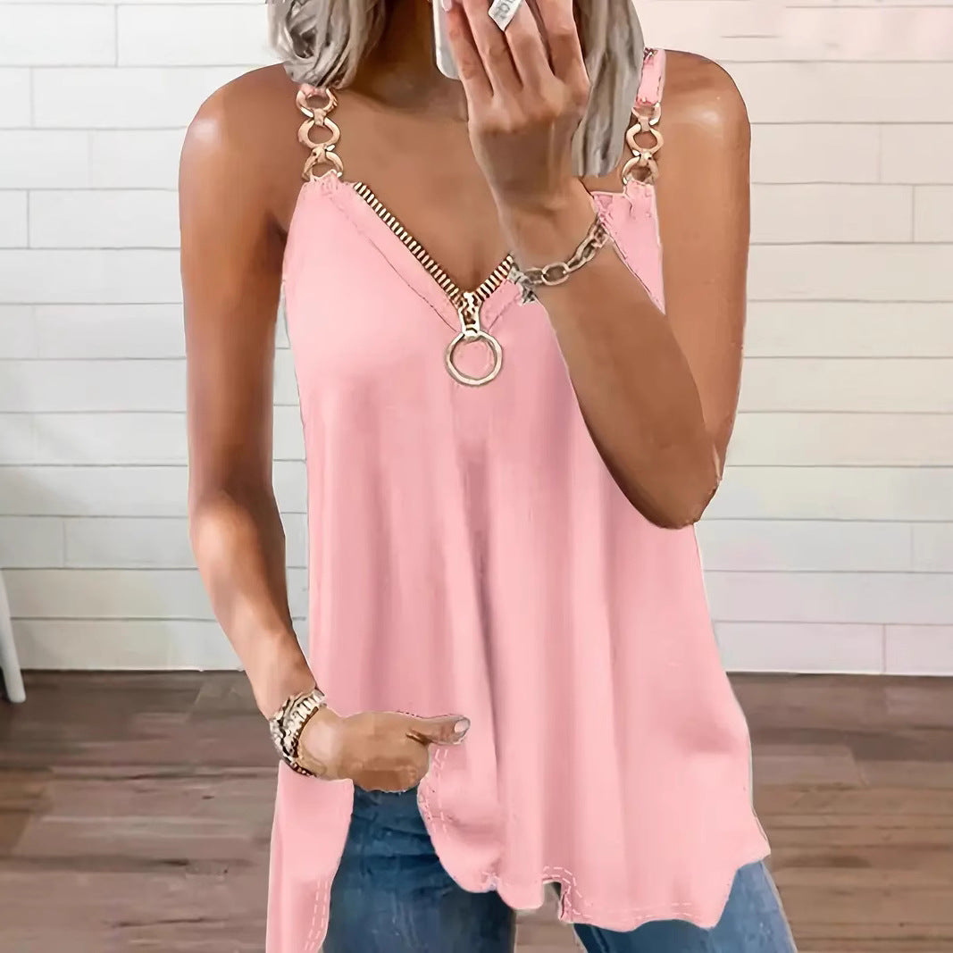 New Women's Sexy Sleeveless Strap Zipper Women's T-shirt