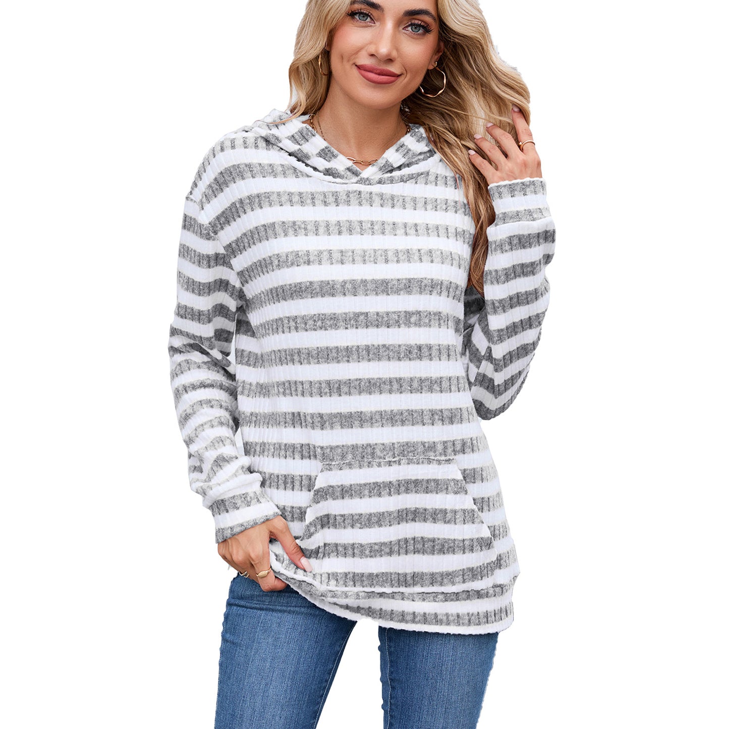 Women's Striped Hooded Pocket Loose Long Sleeve Women's Sweater, Sweater
