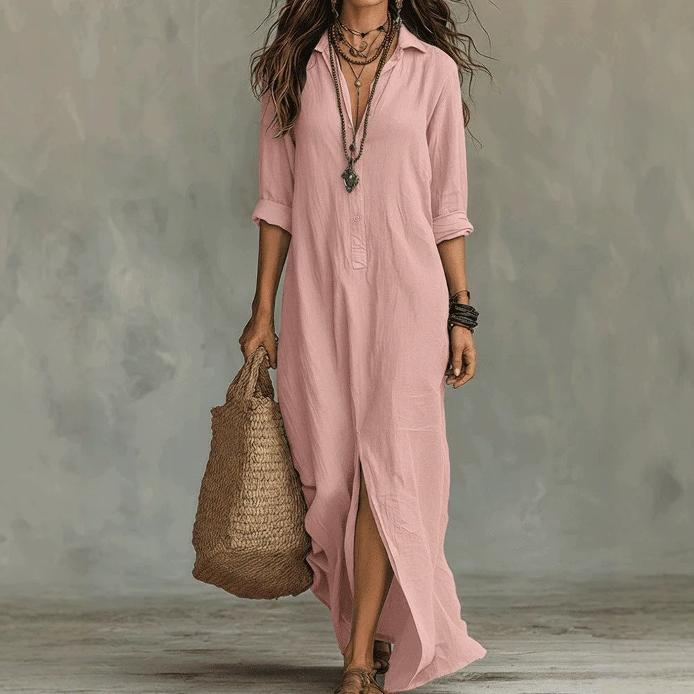 Shirt Collar Floor Casual Slit Long Dress