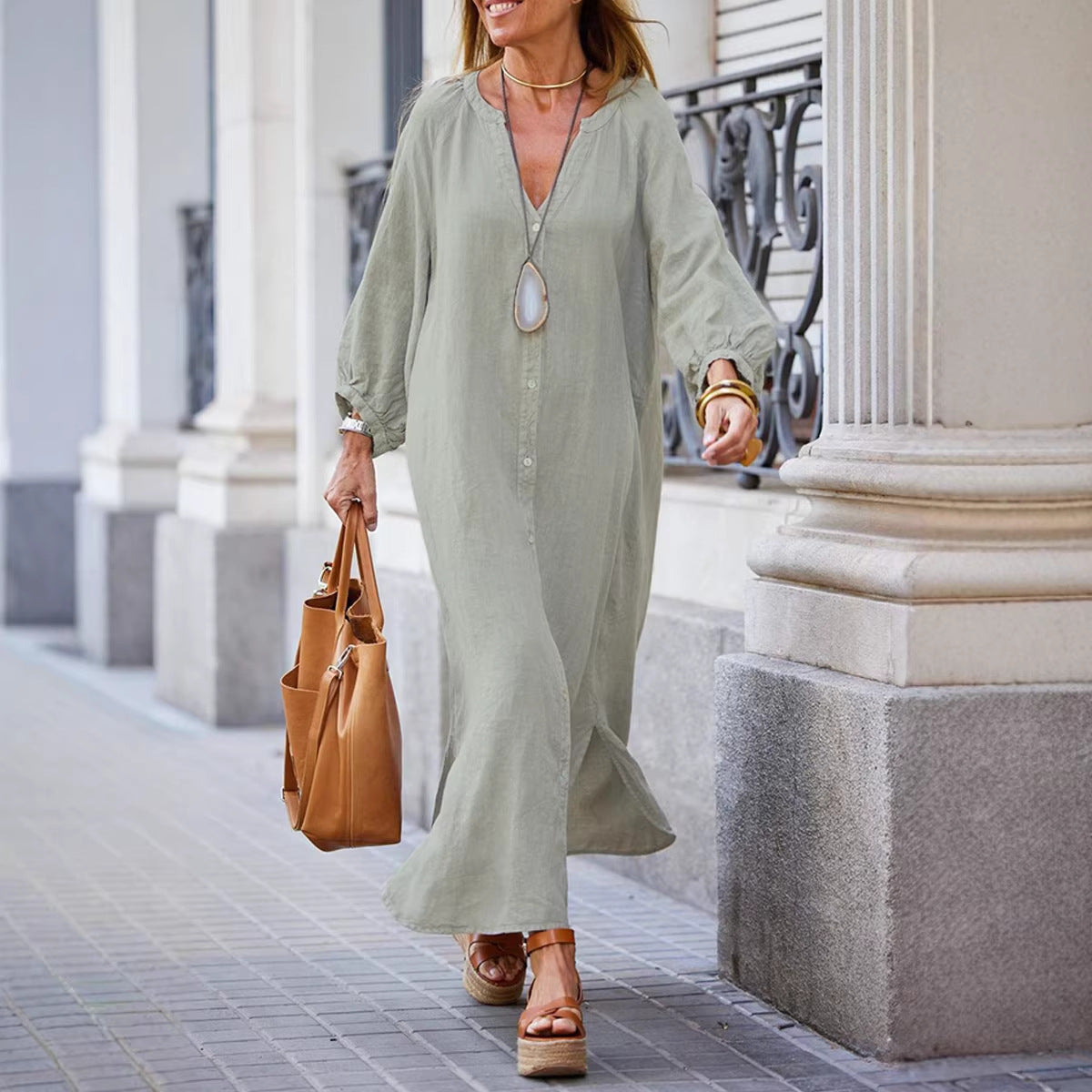 Women's Spring Cotton Linen Shirt Fashion Casual Long Dress