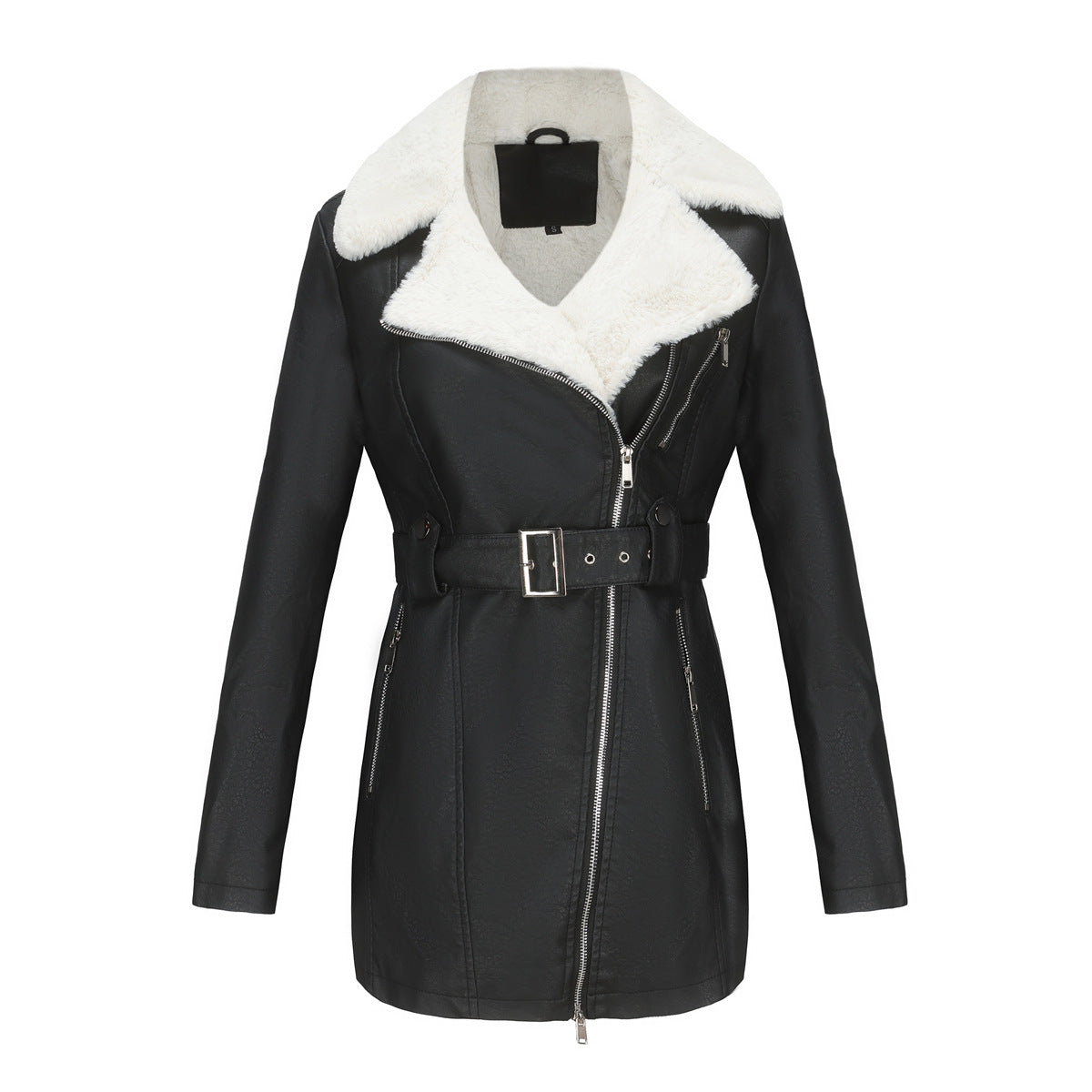 Women's Long Sleeve Fleece Leather Lapel Double-headed Zipper Jackets