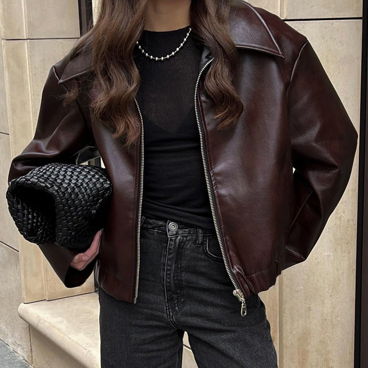 Women's Motorcycle Leather Fashion High Sense Loose-fitting Jackets