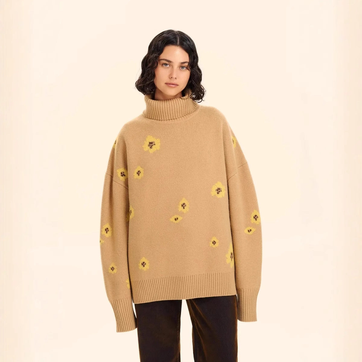 Russian Knitted Flower Jacquard Turtleneck Loose Sweaters