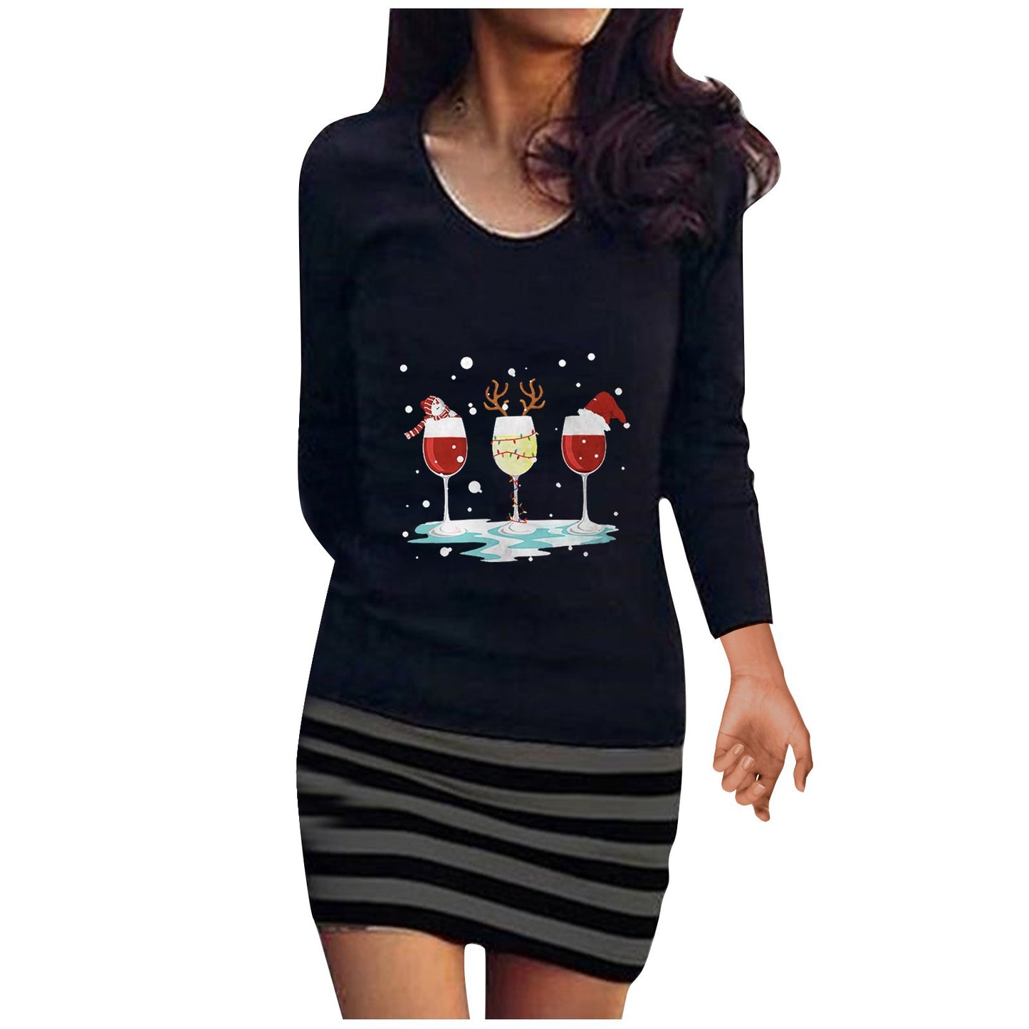 Fashion Round Neck Long Sleeve Three Dress