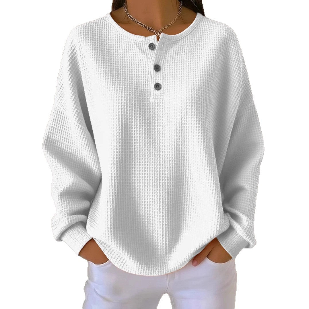Round Neck Waffle Solid Color Pullover Women's Sweater, Sweater