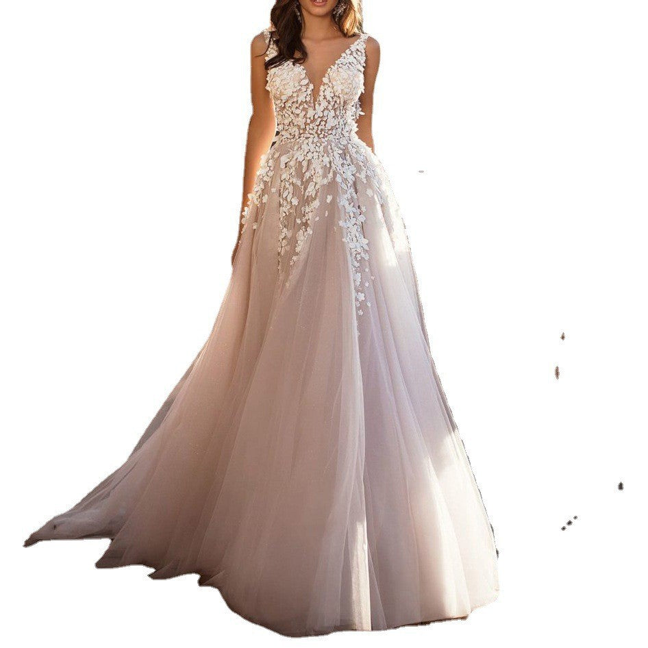 Women's Sexy Lace Dress Sleeveless Deep Embroidered Wedding Dresses