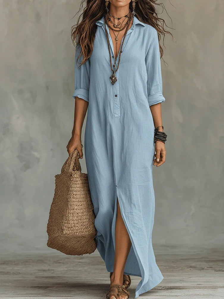 Shirt Collar Floor Casual Slit Long Dress