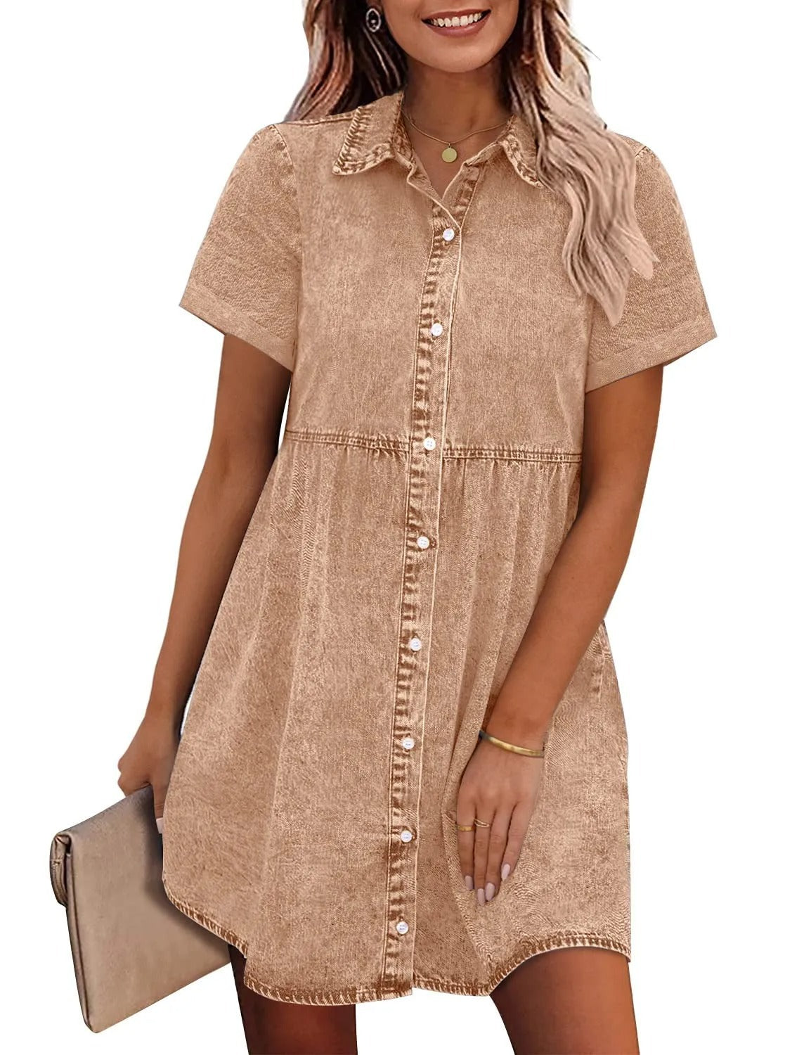 Washed Denim Lapel Loose Sweet Lotus Dresses