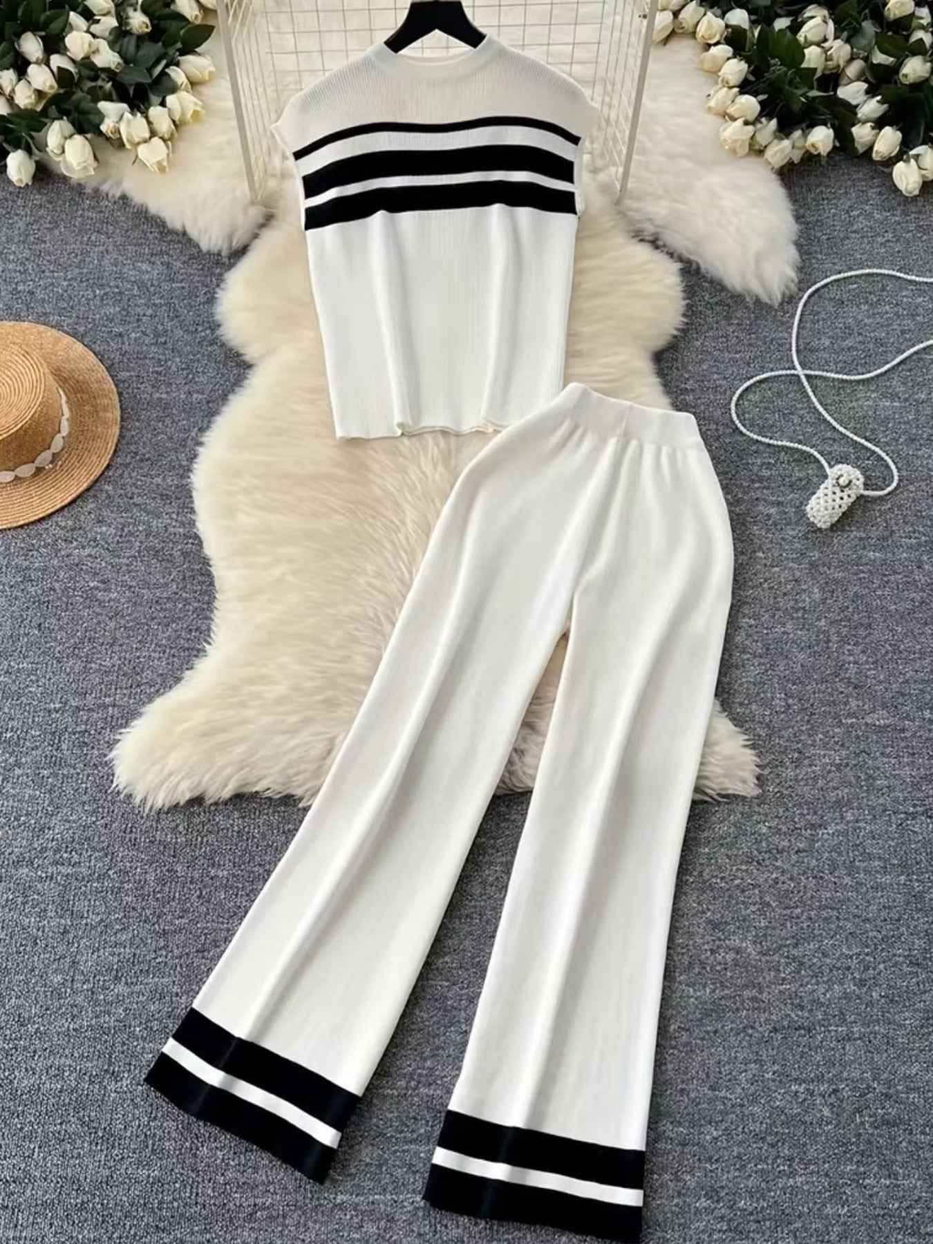 Women's Sleeveless Knitted Two-piece High Waist Straight Suits