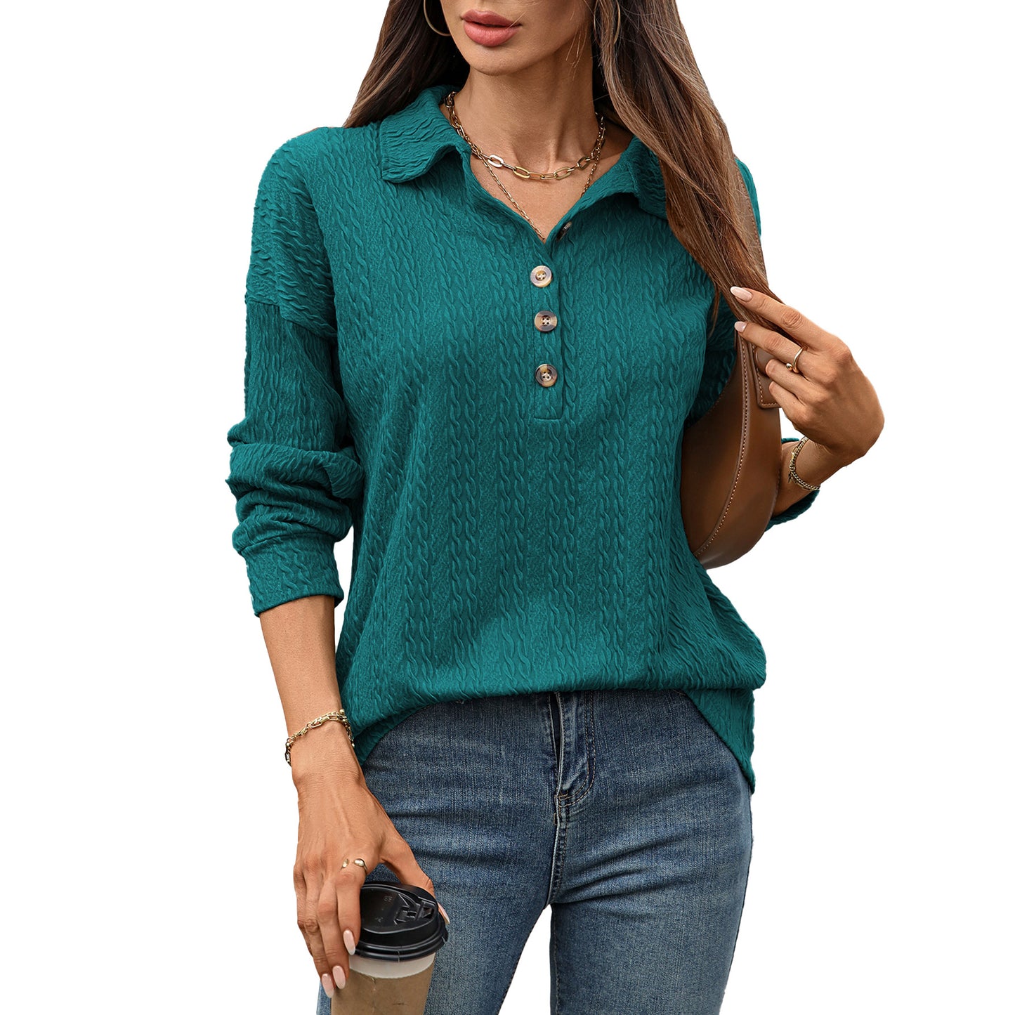 Women's Solid Color Polo Collar Button Loose Long Sleeve Women's Sweater, Sweater