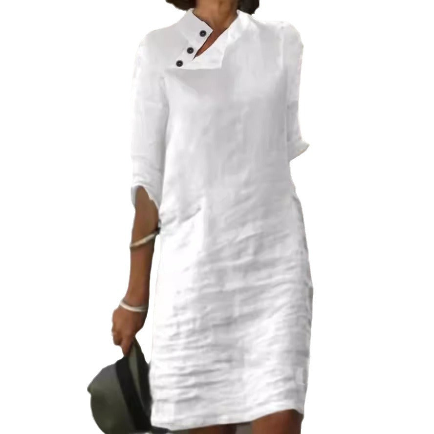 Casual Stand Collar Button Cotton Linen Solid Dress
