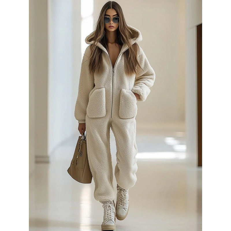 Women's Hooded Pocket Decoration Loose Straight Plush Jumpsuits