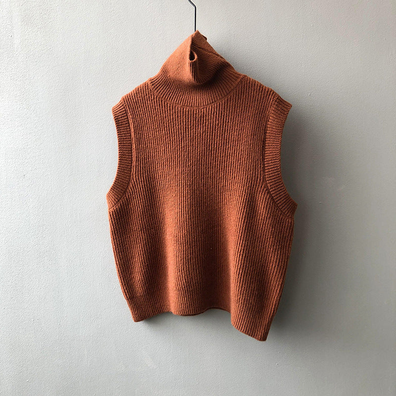 Women's Knitting Waistcoat Turtleneck Solid Color Sleeveless Vests