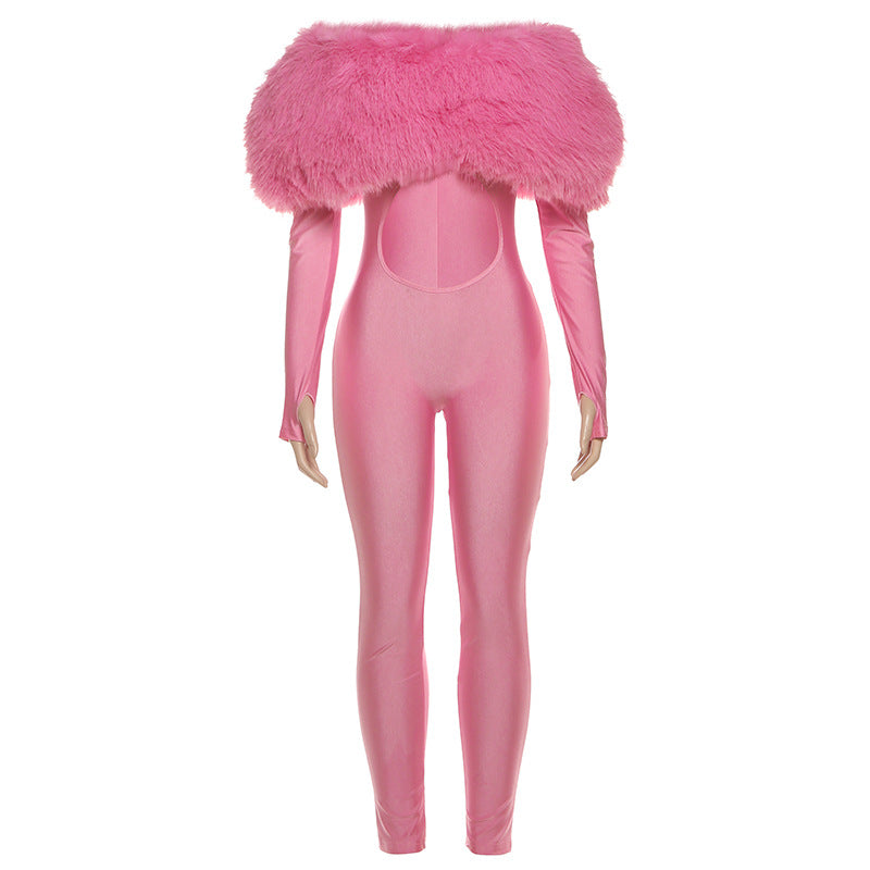 Women's Furry Stitching Sexy Long Sleeve Jumpsuits