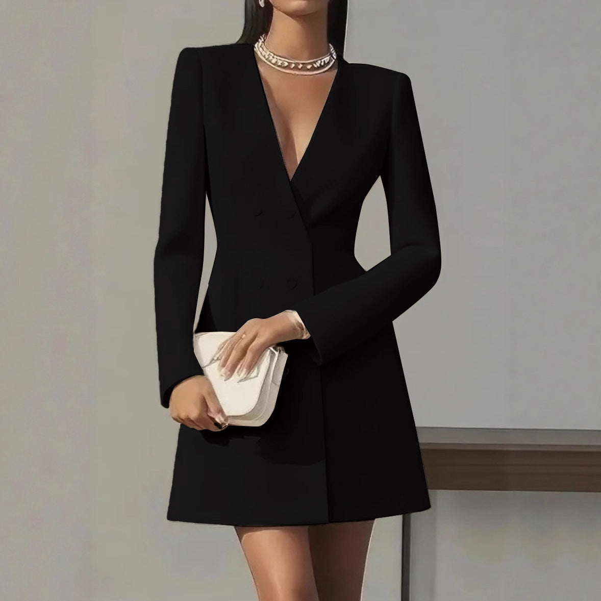 Women's Double Breasted Solid Color French Long-sleeved Dress