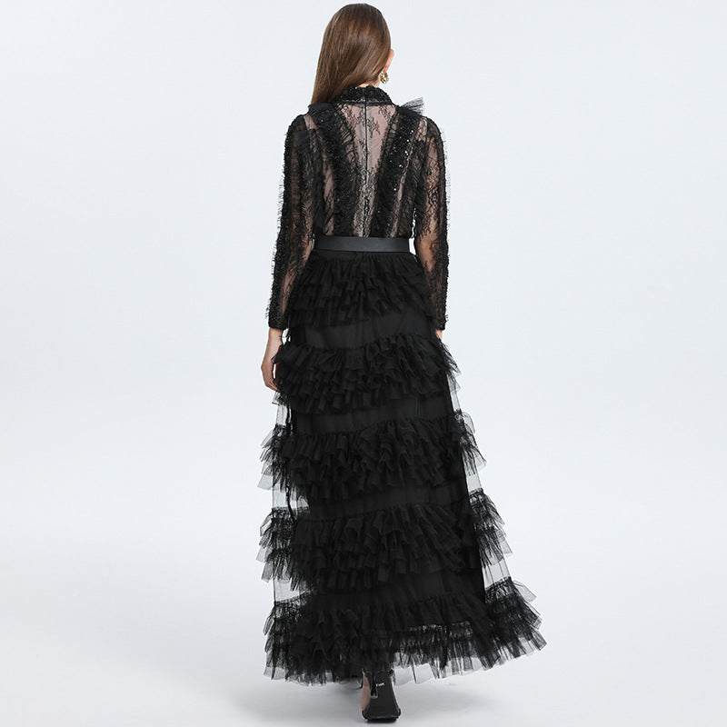 Lux Sequined Embroidered Beads Cinched Mesh Tulle Dresses