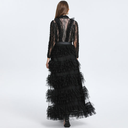 Lux Sequined Embroidered Beads Cinched Mesh Tulle Dresses